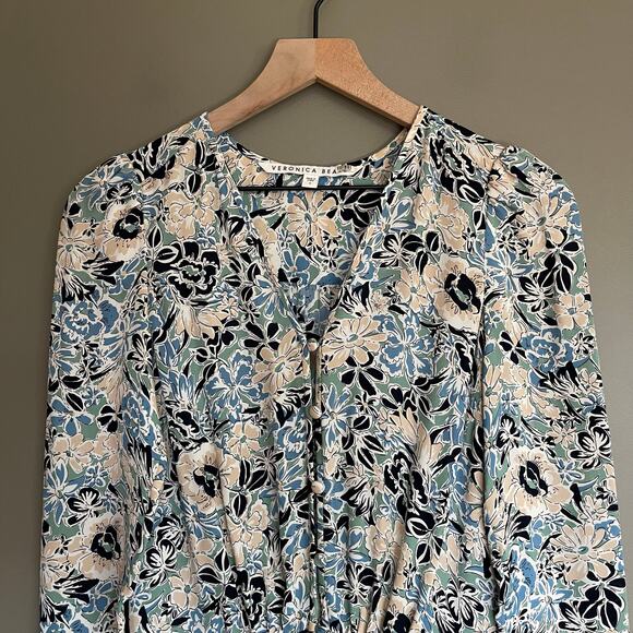Veronica Beard Riggins Dress Blue Sz 0 Silk Floral Blouson Flouncy Ruffles Chic‎ - Picture 4 of 16